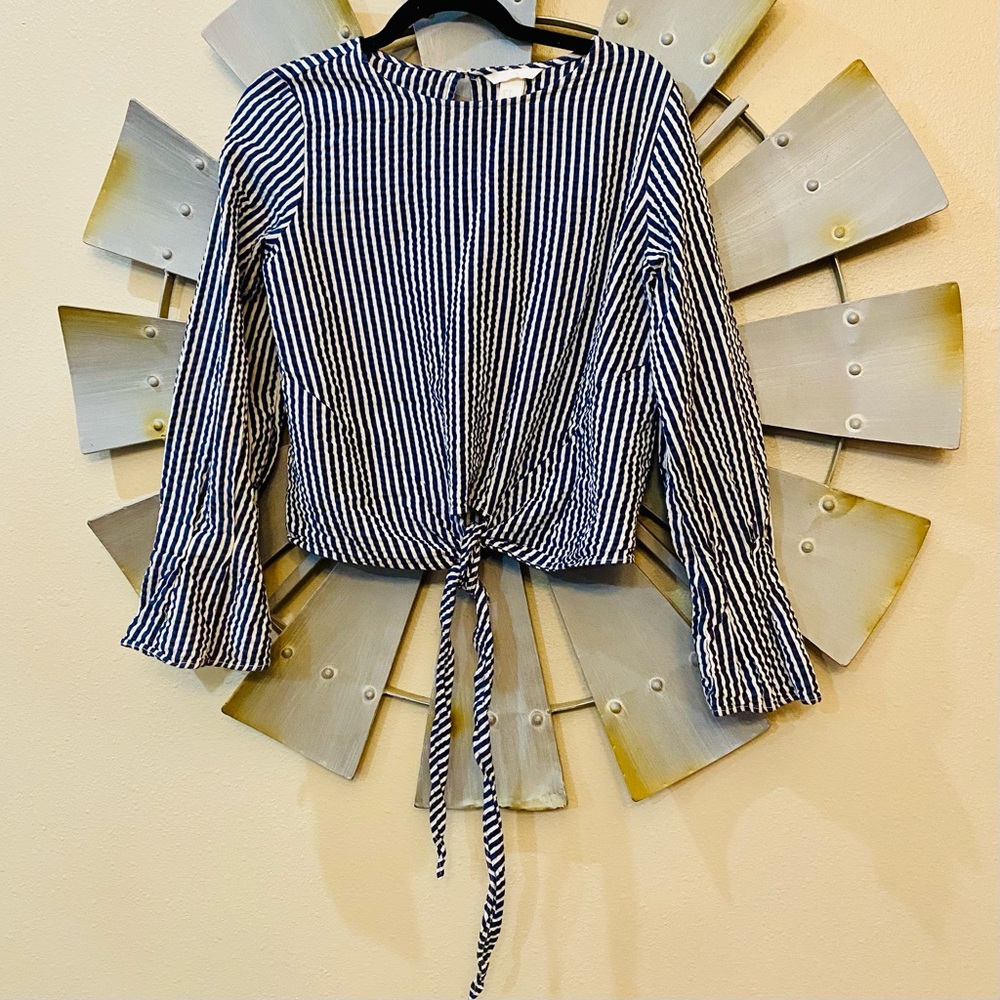 H&M Navy and White Seersucker Striped Blouse